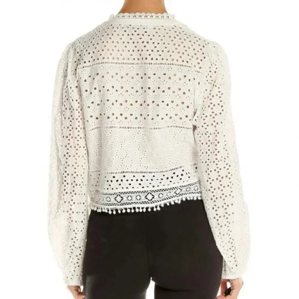 ZARA | White Lace Eyelet Button Up Balloon Sleeve‎ Blouse | Size Large
